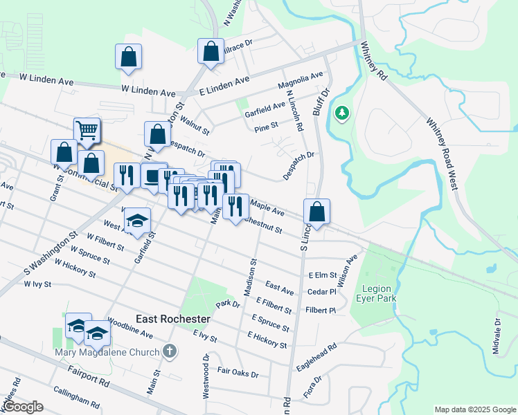 map of restaurants, bars, coffee shops, grocery stores, and more near 141 East Chestnut Street in East Rochester