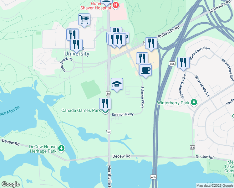 map of restaurants, bars, coffee shops, grocery stores, and more near 3300 Merrittville Highway in Thorold