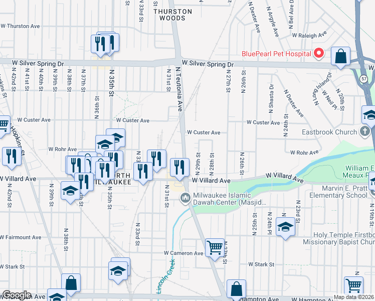 map of restaurants, bars, coffee shops, grocery stores, and more near 5252 North Teutonia Avenue in Milwaukee