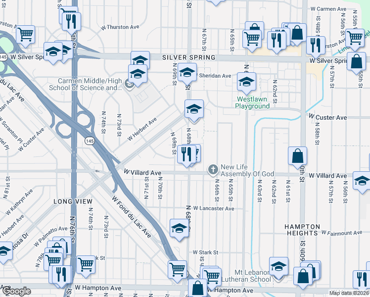 map of restaurants, bars, coffee shops, grocery stores, and more near 5226 North 68th Street in Milwaukee