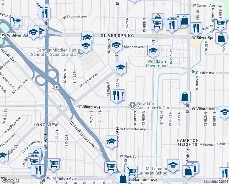 map of restaurants, bars, coffee shops, grocery stores, and more near 5226 North 68th Street in Milwaukee
