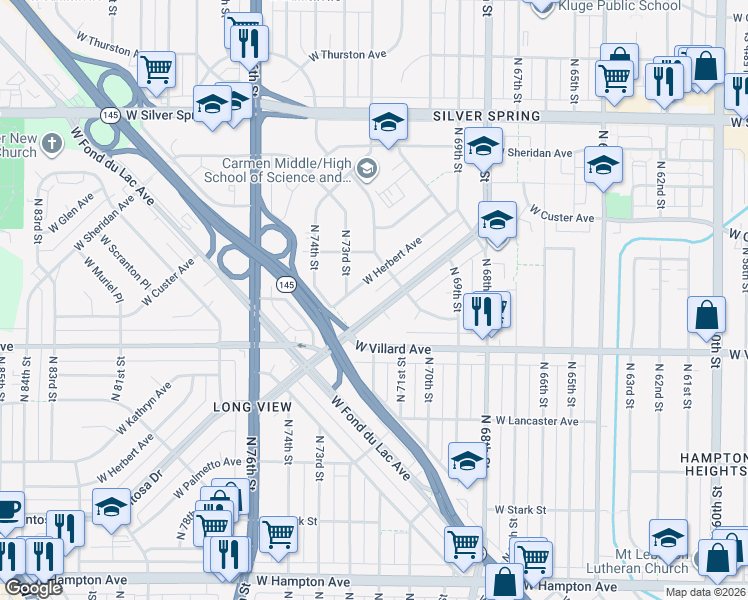 map of restaurants, bars, coffee shops, grocery stores, and more near 7153 West Grantosa Court in Milwaukee