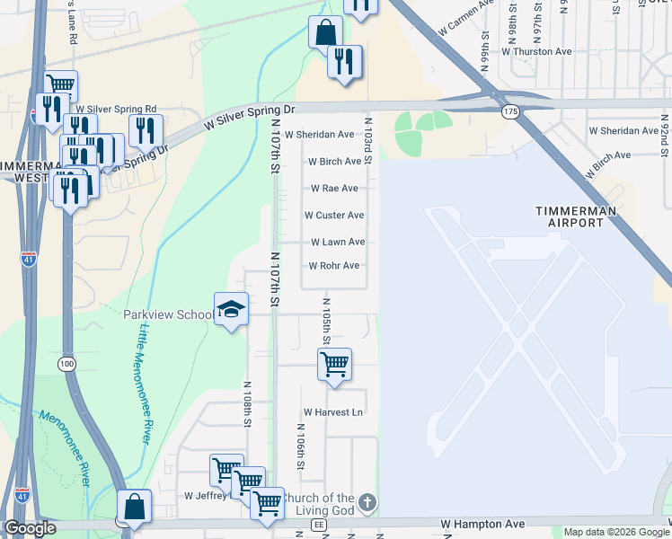 map of restaurants, bars, coffee shops, grocery stores, and more near 10409 West Caldwell Avenue in Milwaukee