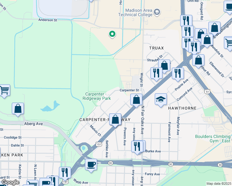 map of restaurants, bars, coffee shops, grocery stores, and more near 3352 Quincy Avenue in Madison