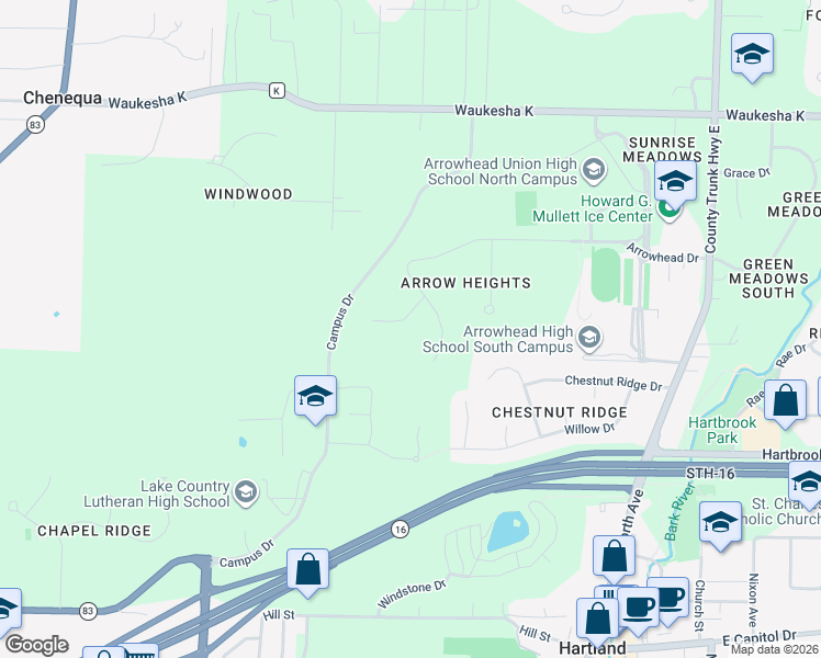 map of restaurants, bars, coffee shops, grocery stores, and more near N52W30587 Moraine Drive in Hartland