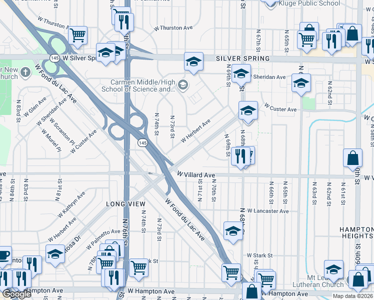 map of restaurants, bars, coffee shops, grocery stores, and more near 7153 West Grantosa Court in Milwaukee