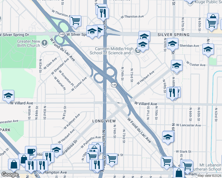 map of restaurants, bars, coffee shops, grocery stores, and more near 7514 West Caldwell Avenue in Milwaukee