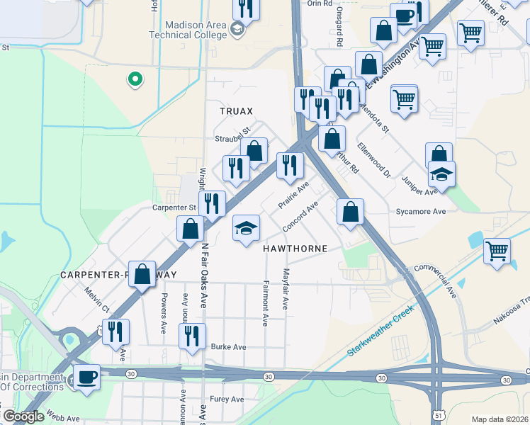 map of restaurants, bars, coffee shops, grocery stores, and more near 1010 Mayfair Avenue in Madison