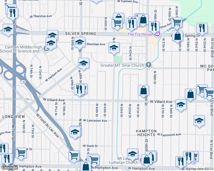 map of restaurants, bars, coffee shops, grocery stores, and more near 5272 North 65th Street in Milwaukee