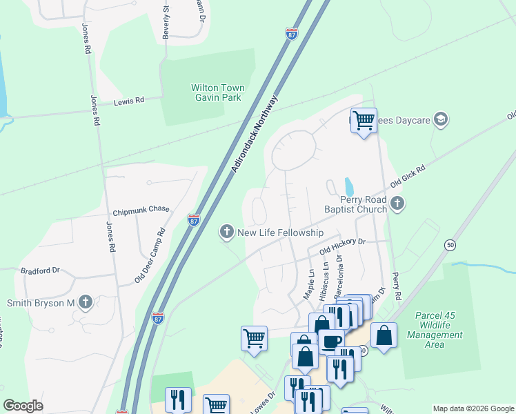 map of restaurants, bars, coffee shops, grocery stores, and more near 8 Paddock Circle in Saratoga Springs