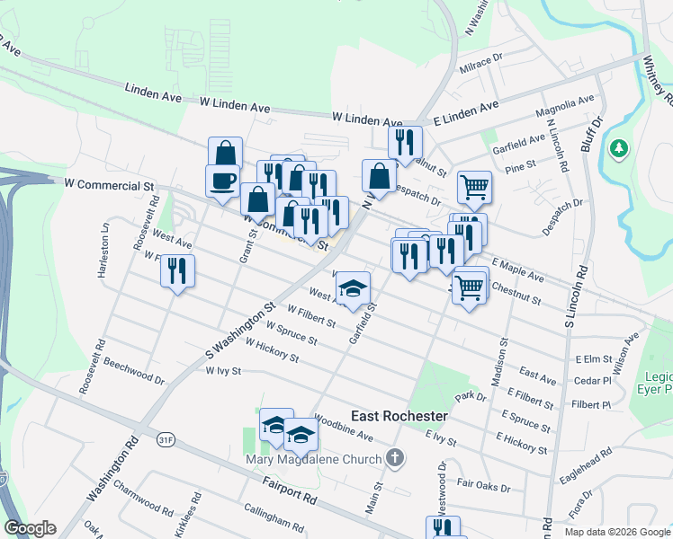 map of restaurants, bars, coffee shops, grocery stores, and more near 237 West Commercial Street in East Rochester