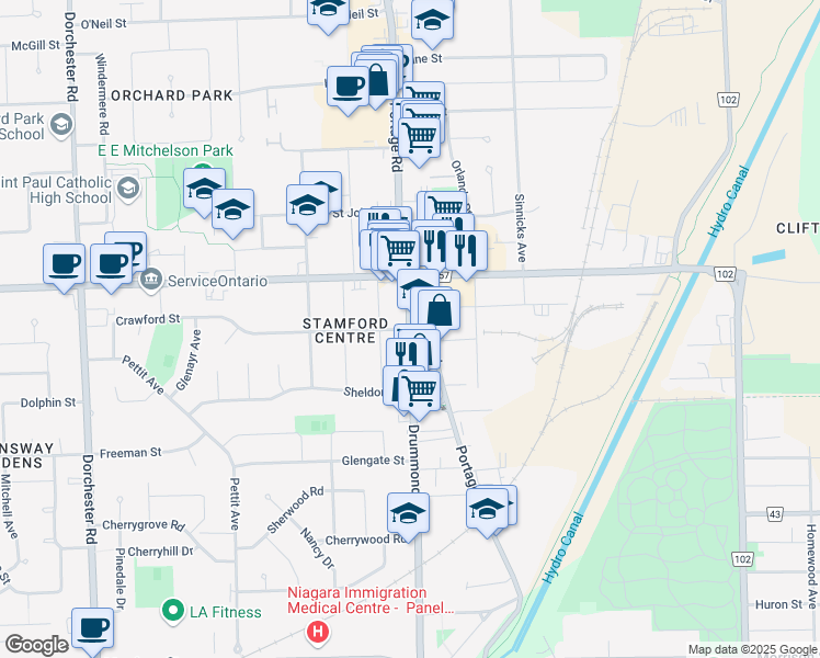 map of restaurants, bars, coffee shops, grocery stores, and more near Drummond Road in Niagara Falls