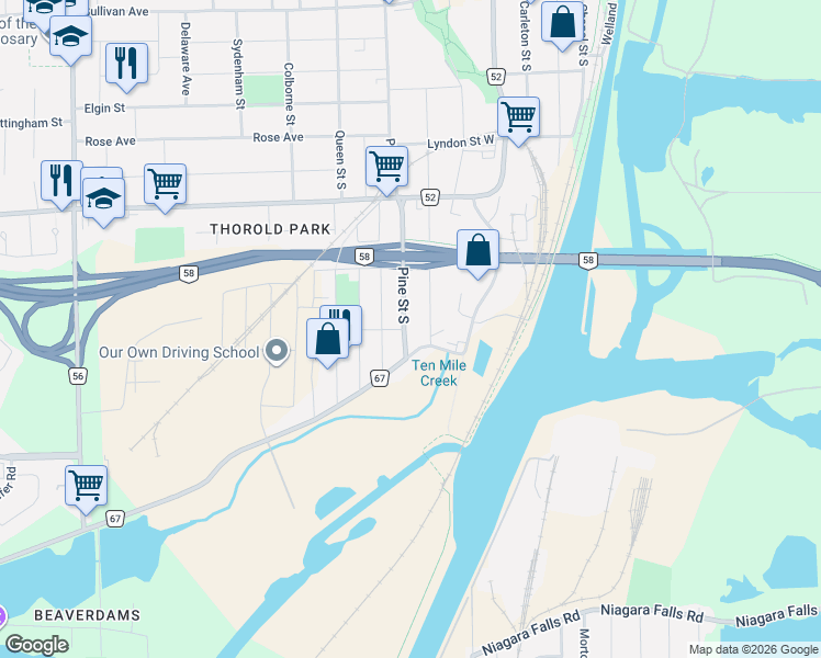 map of restaurants, bars, coffee shops, grocery stores, and more near 176 Pine Street South in Thorold