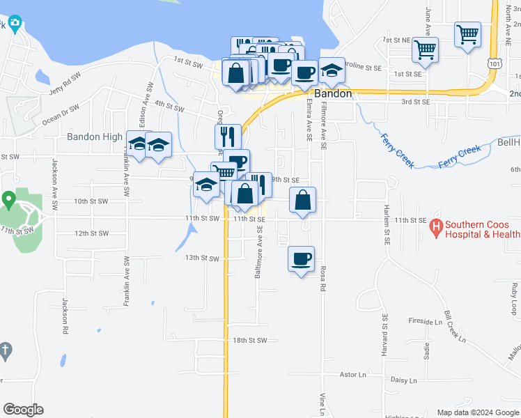 map of restaurants, bars, coffee shops, grocery stores, and more near 277 10th Street Southwest in Bandon