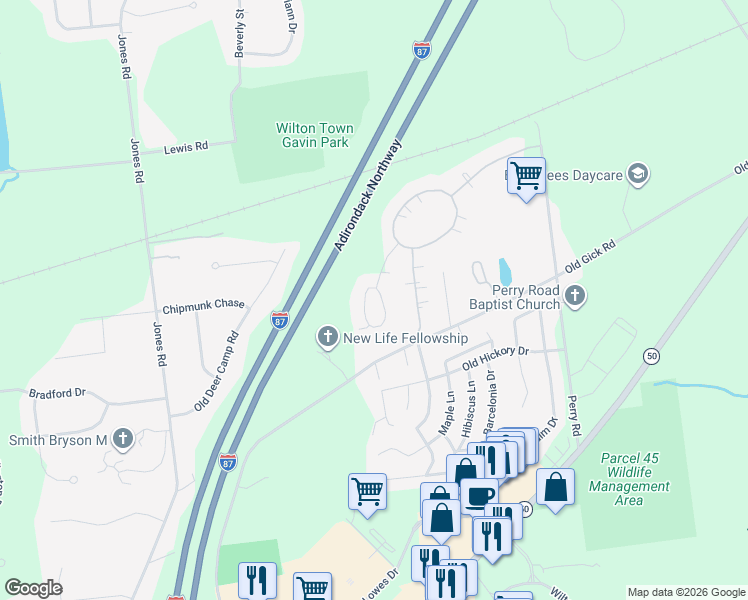 map of restaurants, bars, coffee shops, grocery stores, and more near 65 Old Gick Rd in Saratoga Springs