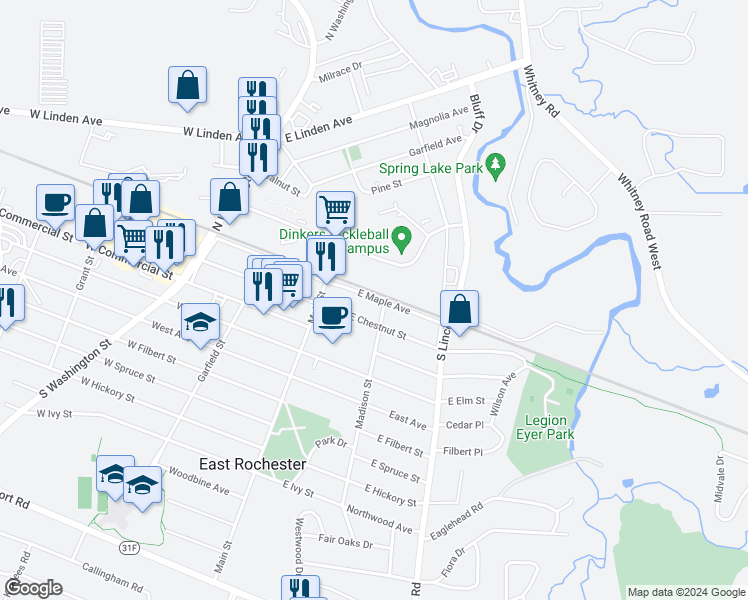 map of restaurants, bars, coffee shops, grocery stores, and more near 140 Despatch Drive in East Rochester