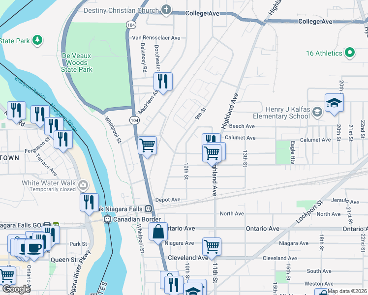 map of restaurants, bars, coffee shops, grocery stores, and more near 1d Robert E Easton Drive in Niagara Falls