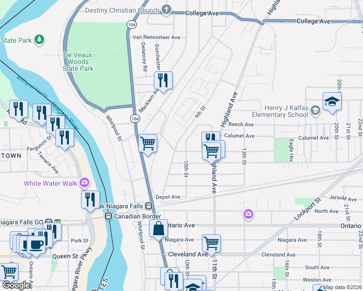 map of restaurants, bars, coffee shops, grocery stores, and more near 1d Robert E Easton Drive in Niagara Falls