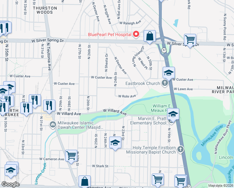 map of restaurants, bars, coffee shops, grocery stores, and more near 2308 West Lawn Avenue in Milwaukee
