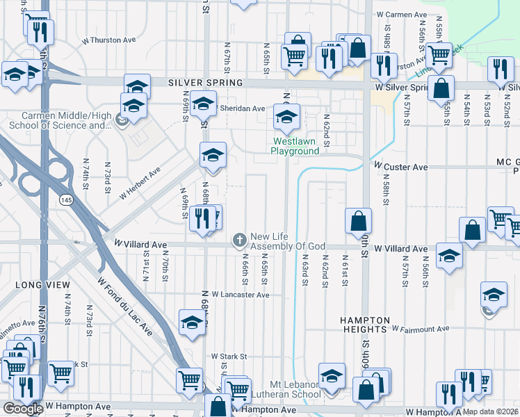 map of restaurants, bars, coffee shops, grocery stores, and more near 5316 North 66th Street in Milwaukee