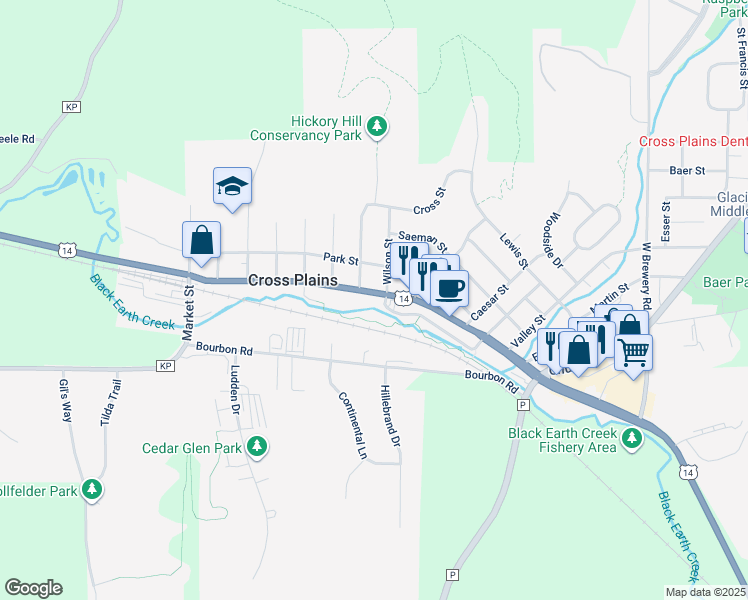 map of restaurants, bars, coffee shops, grocery stores, and more near 1721 Main Street in Cross Plains