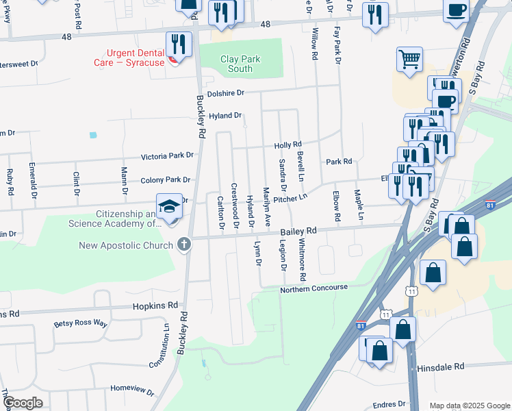 map of restaurants, bars, coffee shops, grocery stores, and more near 205 Hyland Drive in Syracuse