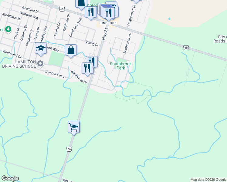 map of restaurants, bars, coffee shops, grocery stores, and more near 243 Southbrook Drive in Hamilton