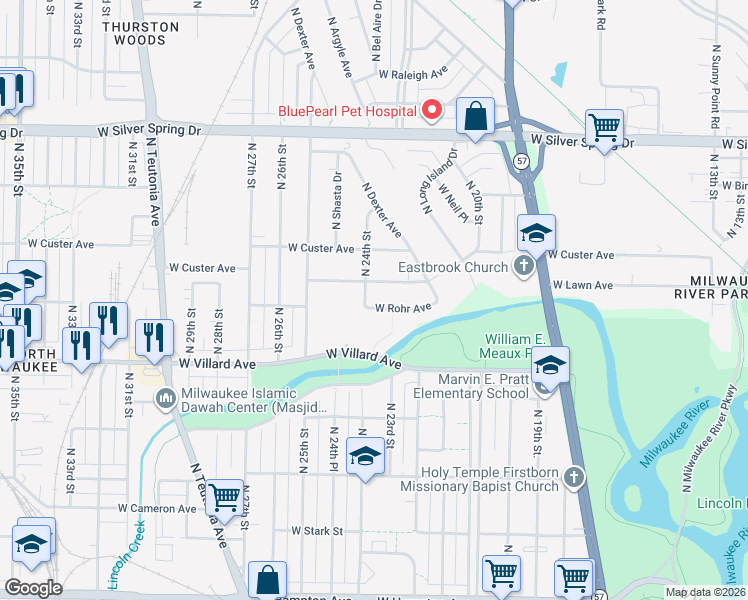 map of restaurants, bars, coffee shops, grocery stores, and more near 2308 West Lawn Avenue in Milwaukee