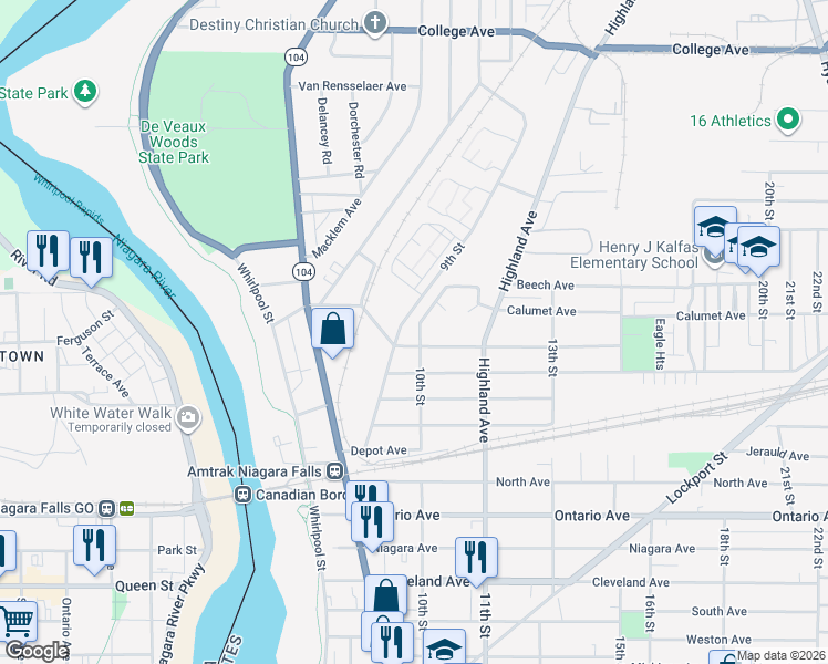 map of restaurants, bars, coffee shops, grocery stores, and more near 1d Robert E Easton Drive in Niagara Falls