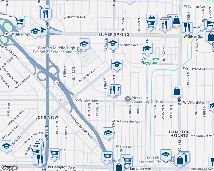 map of restaurants, bars, coffee shops, grocery stores, and more near 5274 North 69th Street in Milwaukee