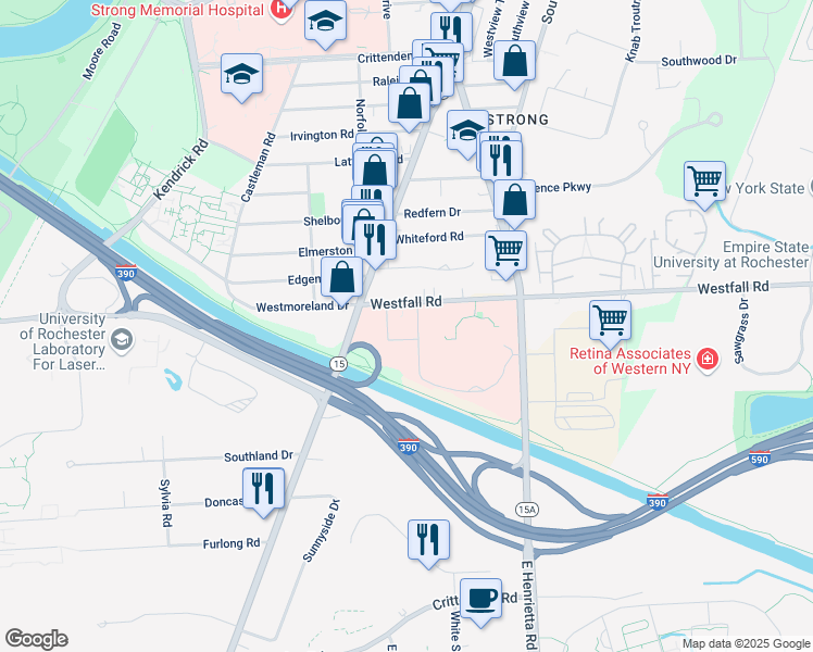 map of restaurants, bars, coffee shops, grocery stores, and more near 111 Westfall Road in Rochester