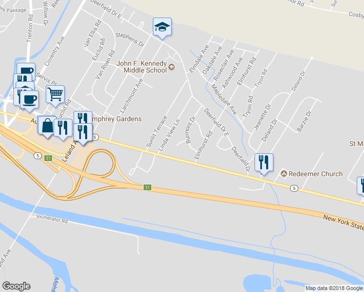 map of restaurants, bars, coffee shops, grocery stores, and more near 7 Burmont Court in Utica