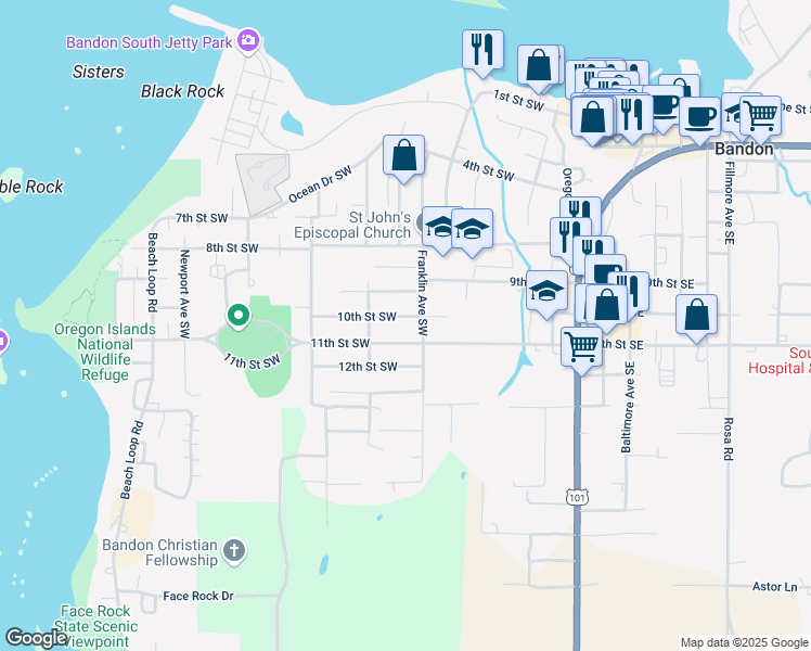 map of restaurants, bars, coffee shops, grocery stores, and more near 755 9th Street Southwest in Bandon