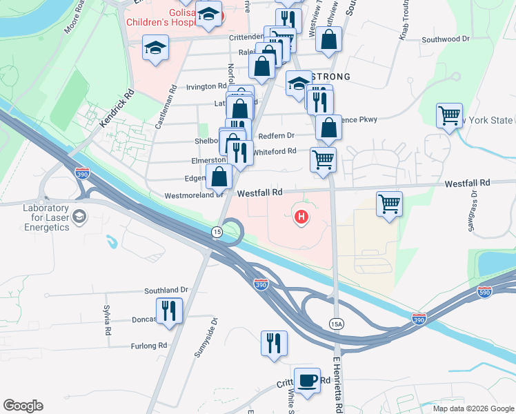 map of restaurants, bars, coffee shops, grocery stores, and more near 111 Westfall Road in Rochester
