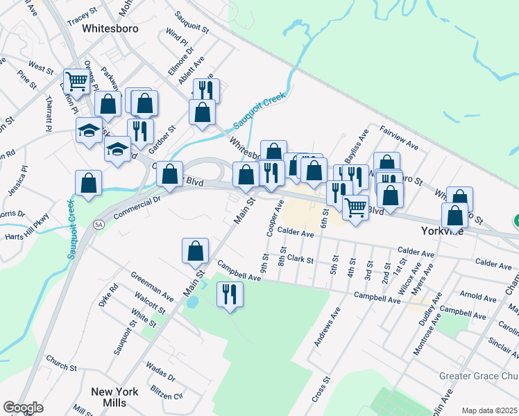 map of restaurants, bars, coffee shops, grocery stores, and more near 821 Oriskany Boulevard in Yorkville