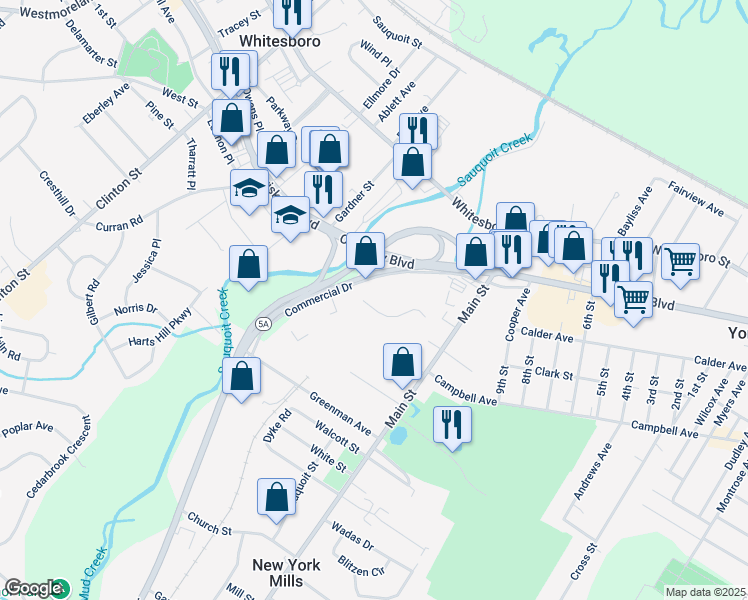 map of restaurants, bars, coffee shops, grocery stores, and more near 5127-5299 Commercial Drive in Yorkville