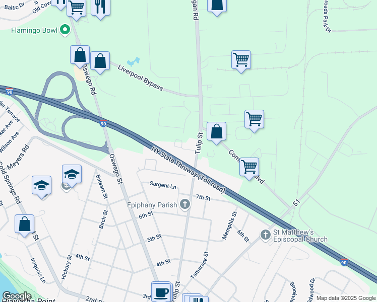 map of restaurants, bars, coffee shops, grocery stores, and more near 1223 Tulip Street in Salina