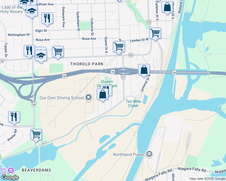 map of restaurants, bars, coffee shops, grocery stores, and more near 152 Queen Street South in Thorold