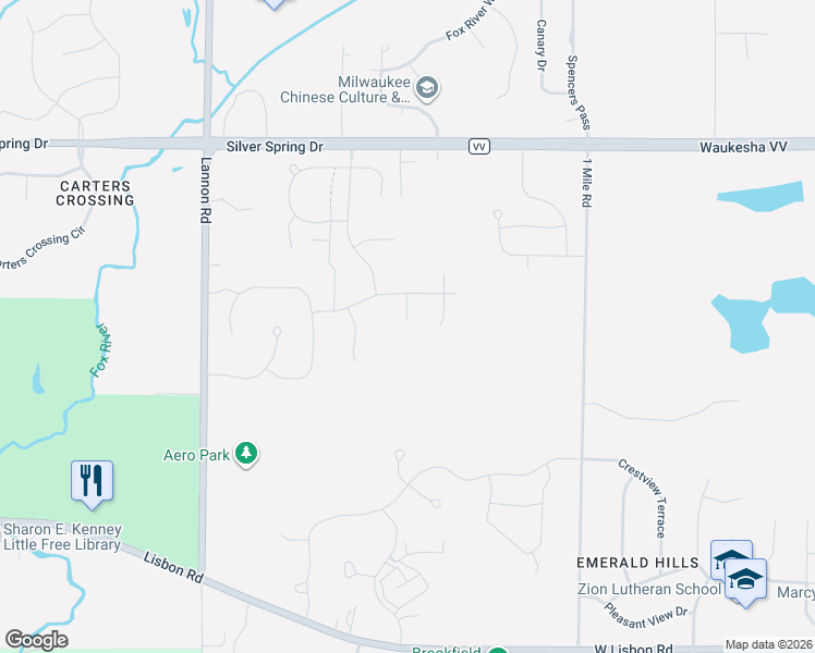 map of restaurants, bars, coffee shops, grocery stores, and more near N56W19813 Silver Spring Drive in Menomonee Falls