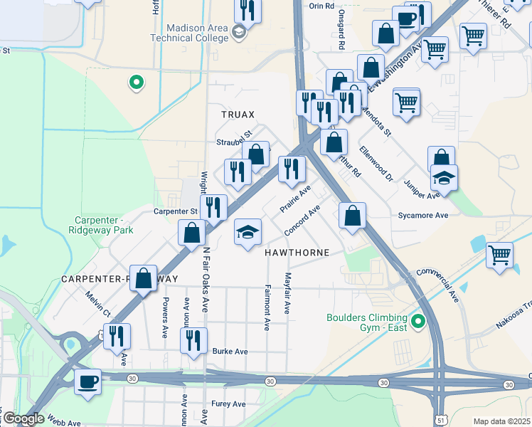map of restaurants, bars, coffee shops, grocery stores, and more near 3511 Albert Court in Madison