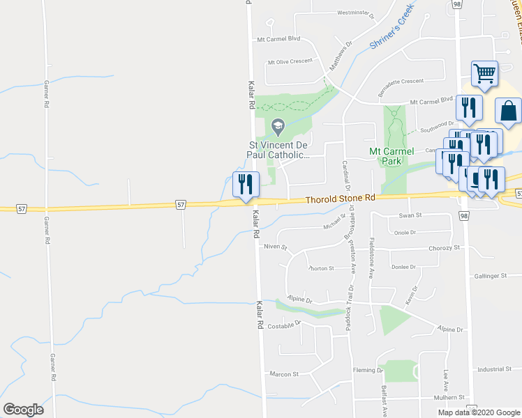 map of restaurants, bars, coffee shops, grocery stores, and more near 4016 Kalar Road in Niagara Falls