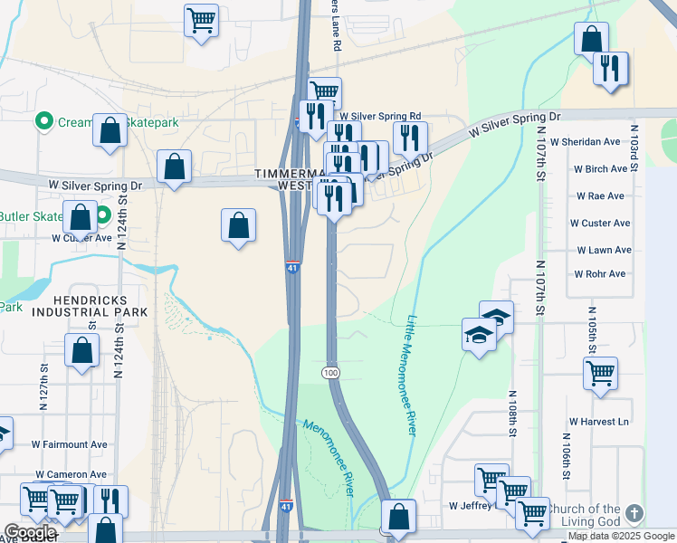 map of restaurants, bars, coffee shops, grocery stores, and more near 5282 North Lovers Lane Road in Milwaukee