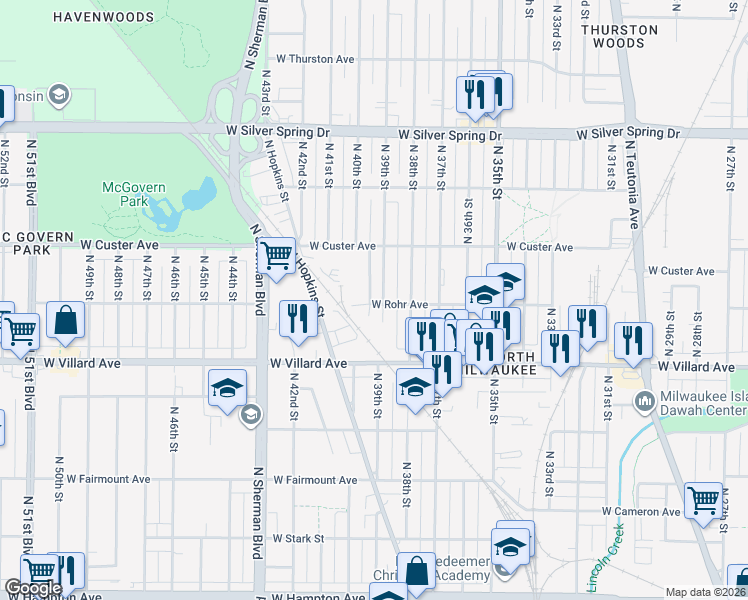 map of restaurants, bars, coffee shops, grocery stores, and more near 5333 North 39th Street in Milwaukee