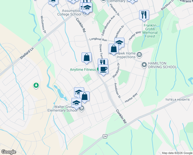 map of restaurants, bars, coffee shops, grocery stores, and more near 76 Lambert Crescent in Brantford