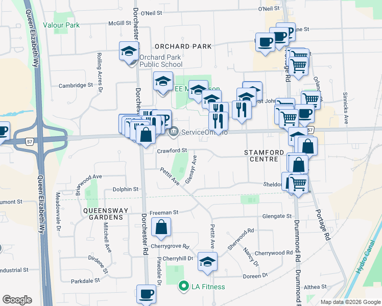 map of restaurants, bars, coffee shops, grocery stores, and more near 6674 Crawford Street in Niagara Falls