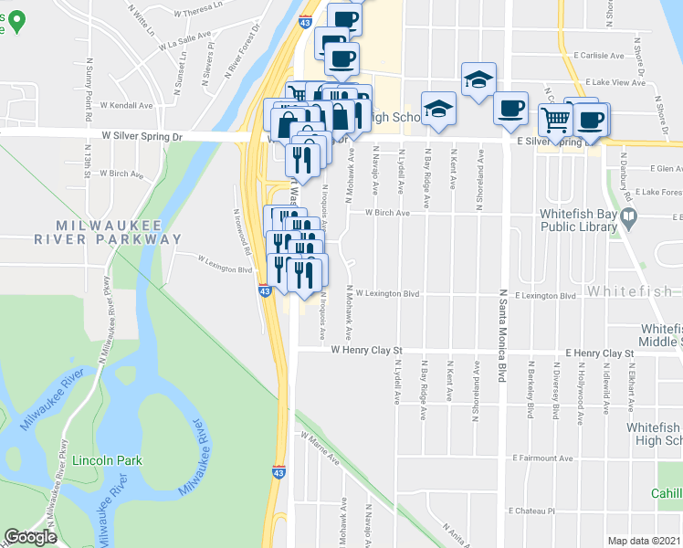 map of restaurants, bars, coffee shops, grocery stores, and more near 5327 North Mohawk Avenue in Glendale