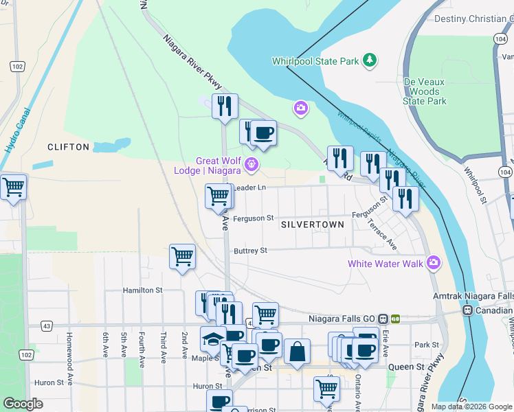 map of restaurants, bars, coffee shops, grocery stores, and more near in Niagara Falls