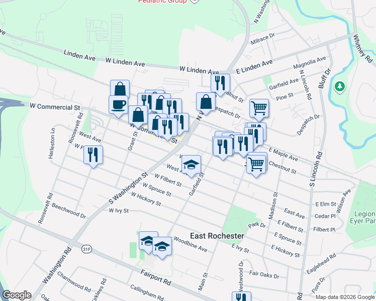 map of restaurants, bars, coffee shops, grocery stores, and more near 237 West Commercial Street in East Rochester
