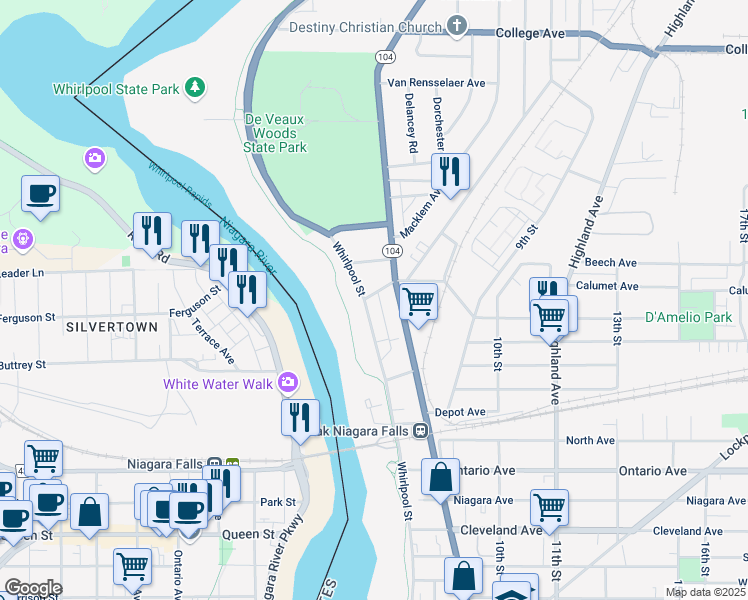 map of restaurants, bars, coffee shops, grocery stores, and more near 2813 Whirlpool Street in Niagara Falls