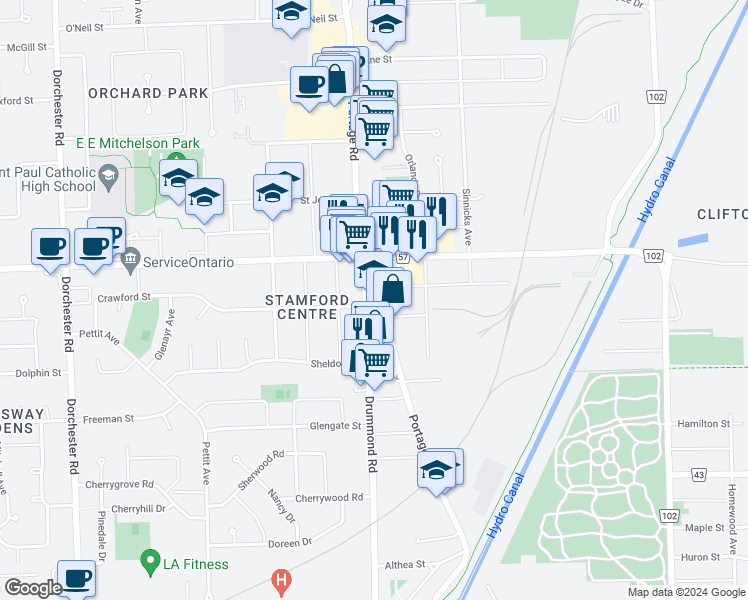 map of restaurants, bars, coffee shops, grocery stores, and more near 6152 Thorold Stone Road in Niagara Falls